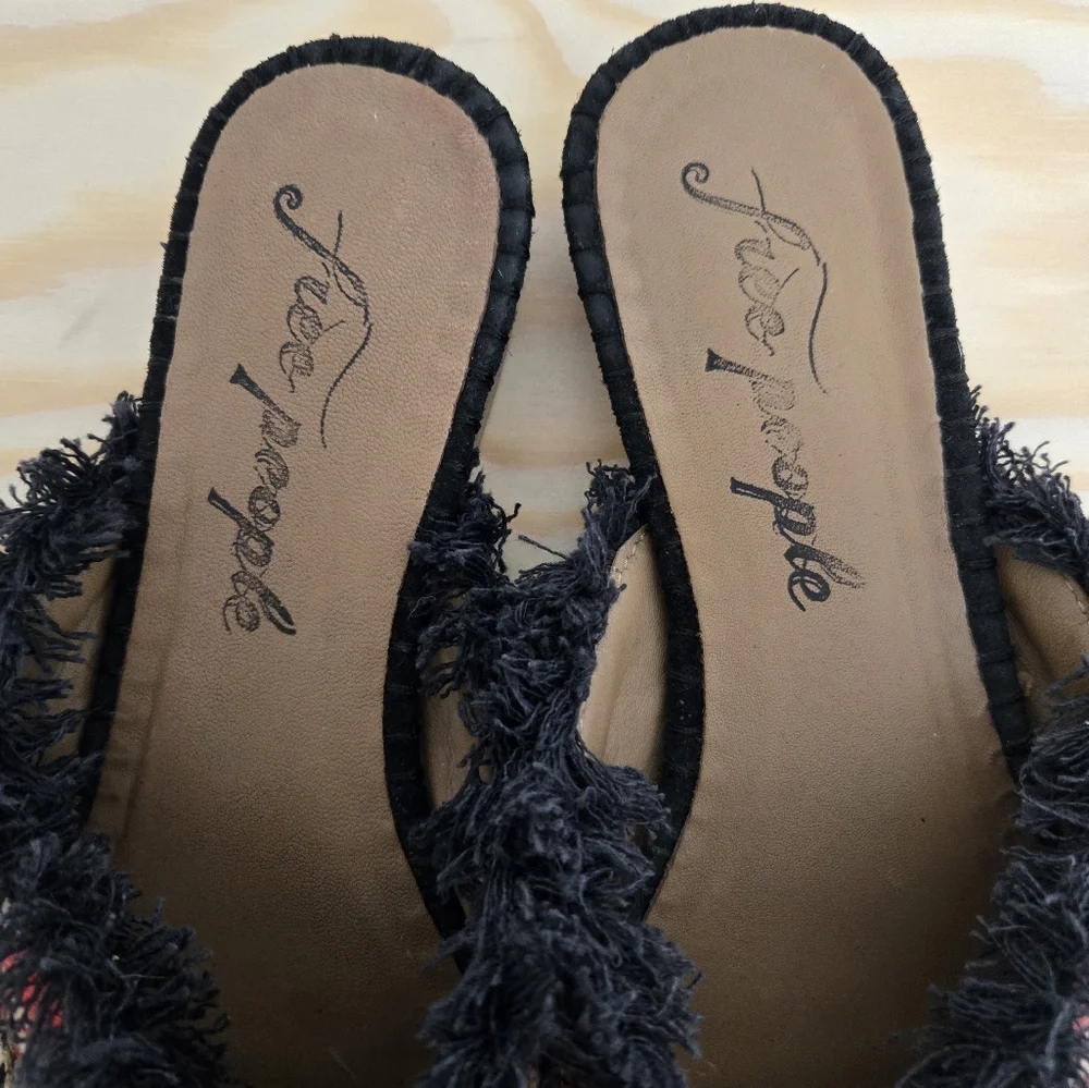 Free People Red Black Cream Patterned Pointed Fringe Mules